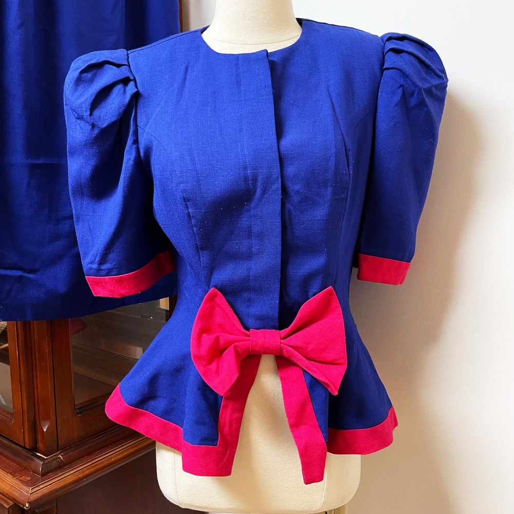 Leslie Lucks Vintage 80s Cobalt Blue Pink Bow Peplum Jacket and Skirt Set Small - Picture 2 of 7